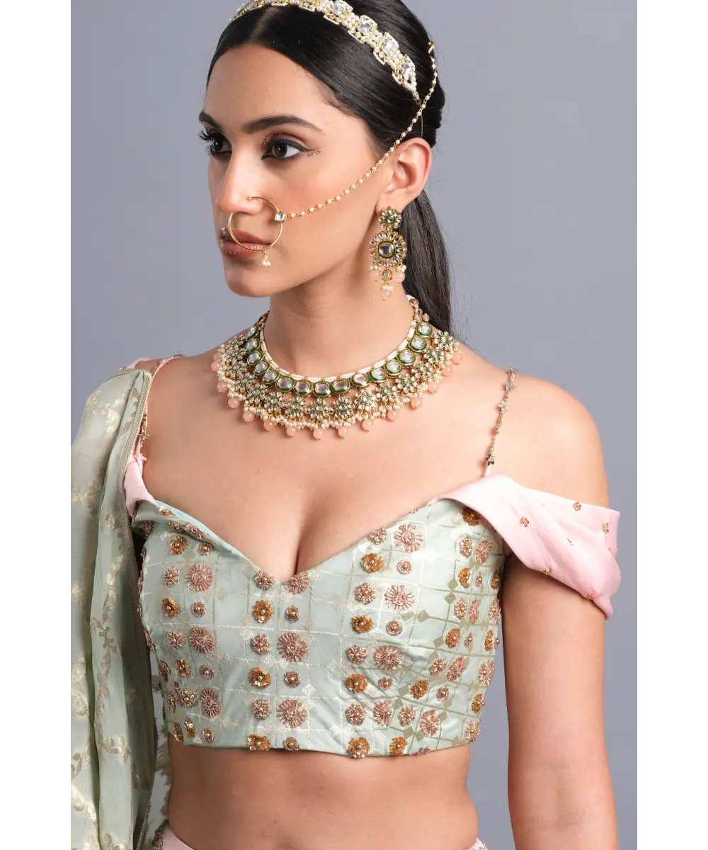 AASTHA SOOD - Sea foam green Banarasi Blouse Embroidered